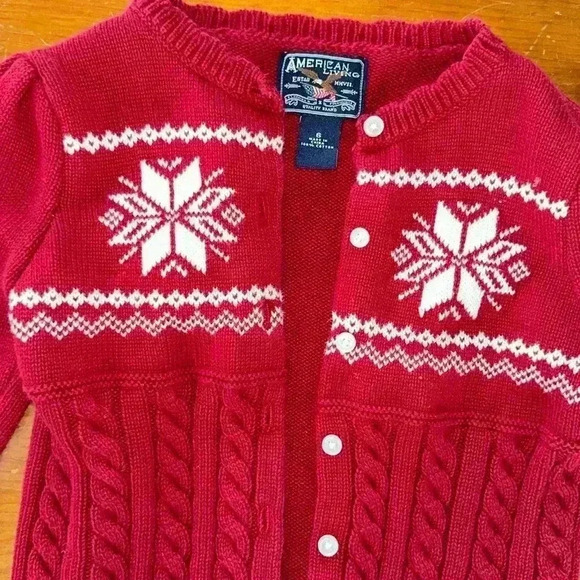 AMERICAN LIVING Girl Sz 5 Sweater Cardigan Red White Knit Snowflake Holiday - Picture 4 of 6